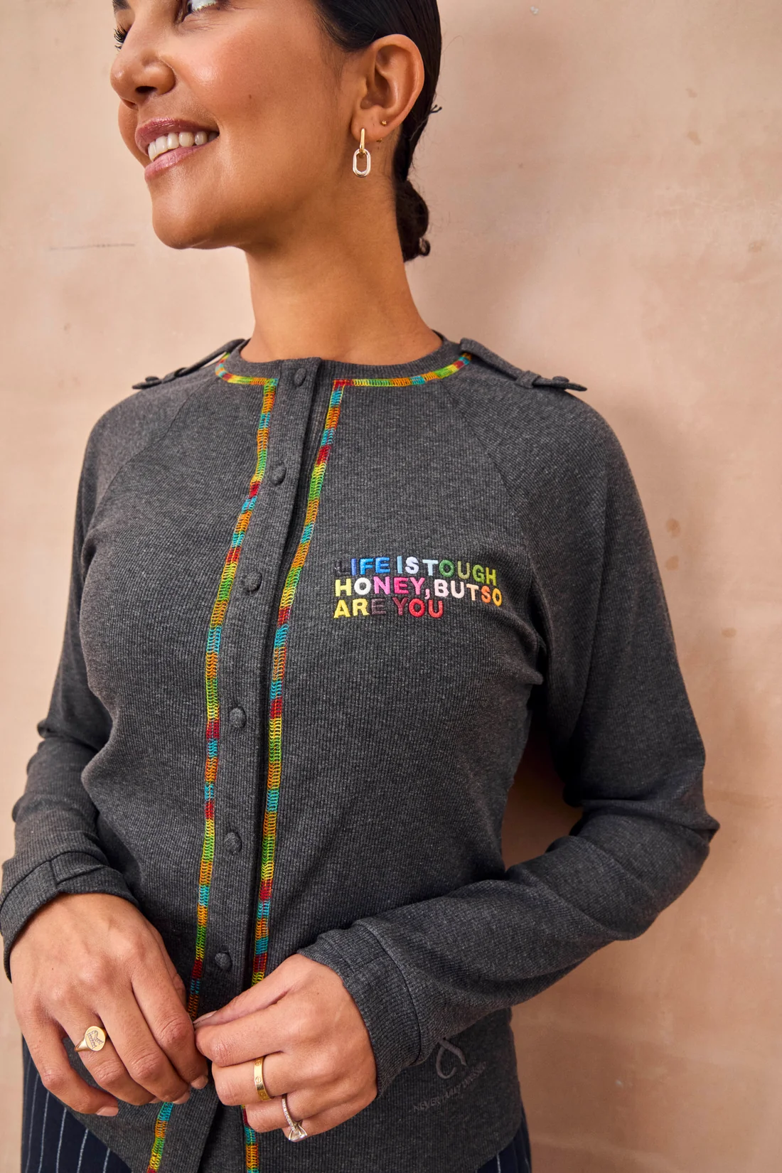 Charcoal Life Is Tough Honey Cardigan